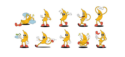 Banana character action activity art banana character cartoon doodle emotion fruit garfic graphic design happy illustration pose print sad sticker vector