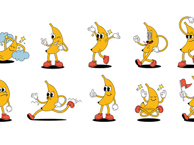 Banana character action activity art banana character cartoon doodle emotion fruit garfic graphic design happy illustration pose print sad sticker vector
