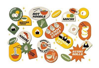 Stickers for Asian street food art asian food branding design doodle fast food gyoza illustration label matcha tea mochi nigiry noodle patch stickers sushi rolls vector yummy