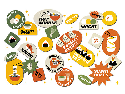 Stickers for Asian street food art asian food branding design doodle fast food gyoza illustration label matcha tea mochi nigiry noodle patch stickers sushi rolls vector yummy