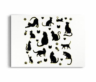 Black Cats Silhouette Feline Line Art animal black cat cute drawing feline fish heart illustration lineart paw silhouette