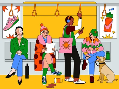 Metro ride character illustration colorful illustration editorial illustration metro metrorex people sitting peopleonthebuss public transport