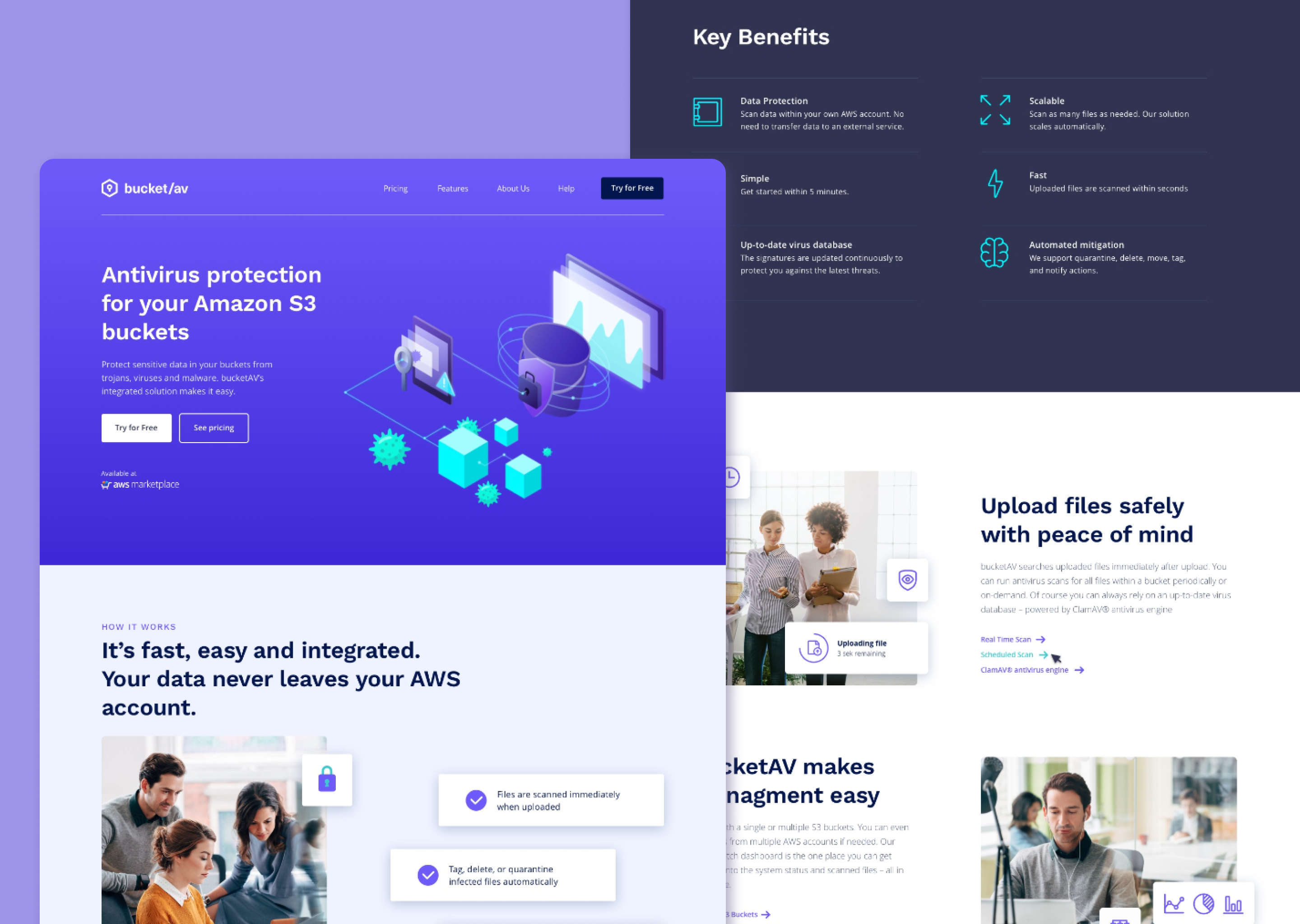 bucketAV Homepage Design antivirus app aws benefits branding illustration landing page logo modules product page ui ull webdesign website