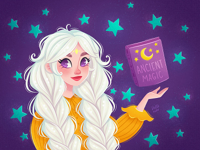 The Maiden guarding the books. Character Illustration. art artist book character concept design enchantress female girl hair illustration magic maiden moon star violet woman yellow
