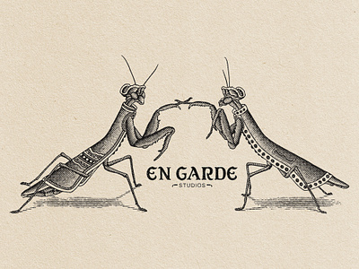 "en Garde" Studios Logo Design badge design black and white illustration branding design emblem design engraving illustration hand drawn illustration lettering logo mantises illustration vintage illustration