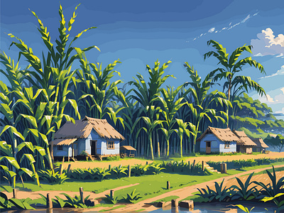 Landscape Flat Illustration of a village anime branding cartoon creative art design flat design graphic design graphics illustration landscape montasir sugar sugarcane