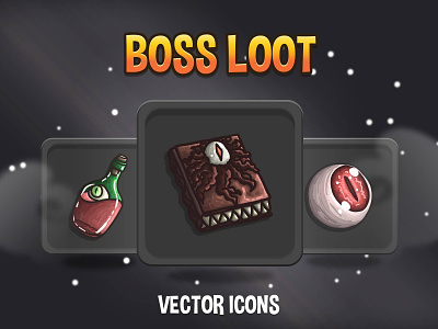 Boss Loot Vector RPG Icons 2d art asset assets fantasy game game assets gamedev icon icons illustration indie indie game loot mmo mmorpg pack rpg set vector
