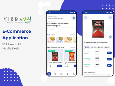 Vikray | E-Commerce Food Application | B2B. android b2b b2c blue branding category detail screen distributor ecommerce exathought food grocery home home screen ios mobile monochromatic ui ux vikray wholesale