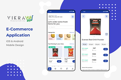 Vikray | E-Commerce Food Application | B2B. android b2b b2c blue branding category detail screen distributor ecommerce exathought food grocery home home screen ios mobile monochromatic ui ux vikray wholesale