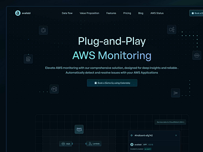 AWS Monitoring Hero 📦 animation aws barry blockchain dark mode landing page dark mode website dark website dev style hero illustration landing page landing page ui oguz saas ui ui design