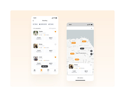 Dog boarding app: search dog sitter flow app design flow ordes screen product design ui ux