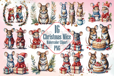 Watercolor Christmas Mice Clipart Png 3d animation app branding design graphic design illustration logo ui vector