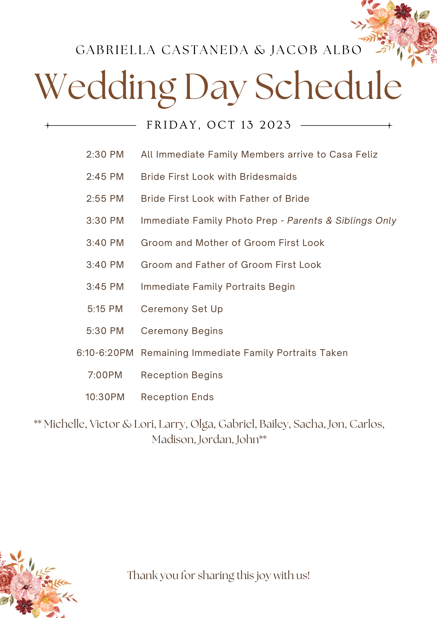 Wedding Itinerary
