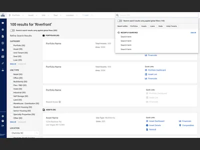 CRE Portfolio Manager Global Search ant design system commercial real estate global search product design ui design ux design