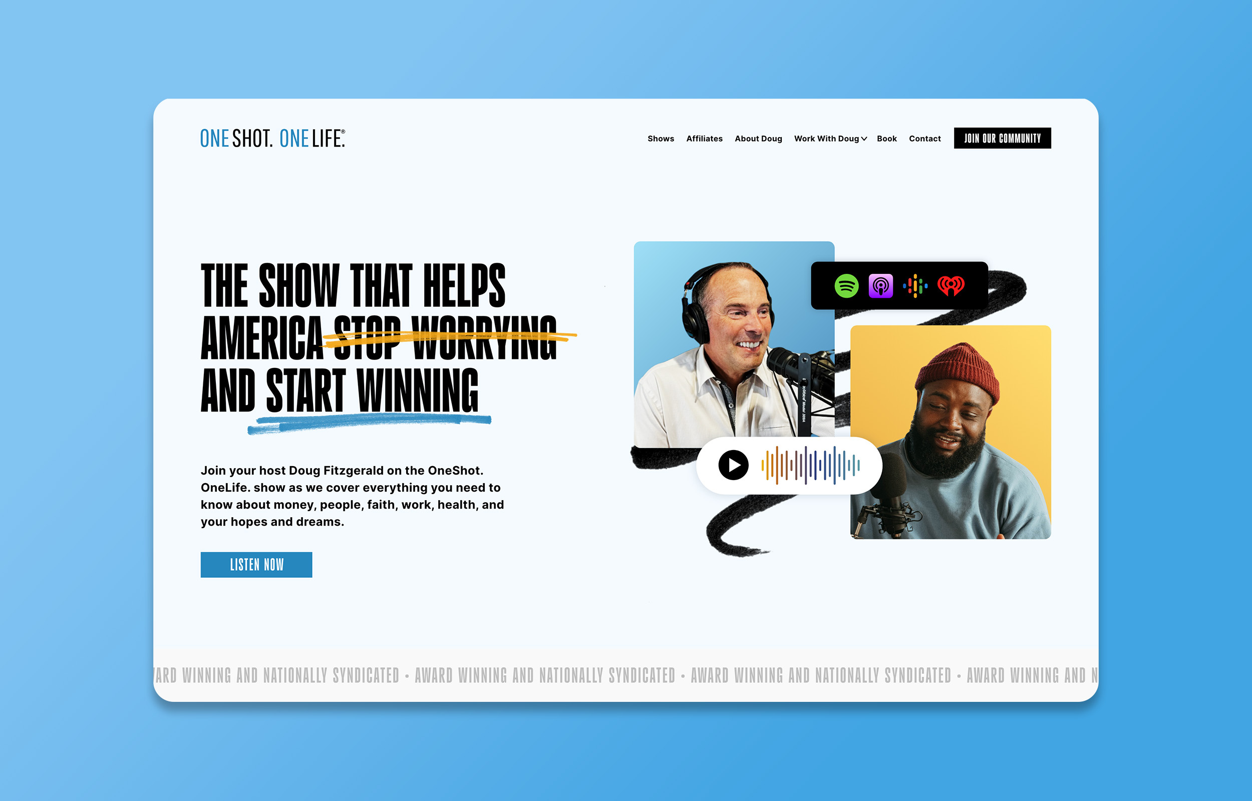 OneShot OneLife® Hero Section advice author broadcast design help hero host human layout marker media mock mockup podcast radio section simple web website winning