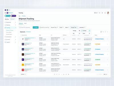 eShipper Shipment Tracking Page carrier components dashboard data delivery eshipper filter logistic order tracking package package type pickup shedule saas shipment status statuses table data table sorting tracking user experience