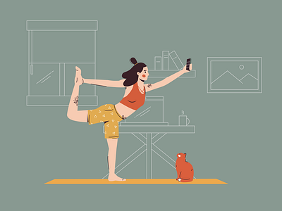 Yoga time 2d af affinitydesigner cat character cozy flat girl home illustration orange stretching woman yoga youngwoman