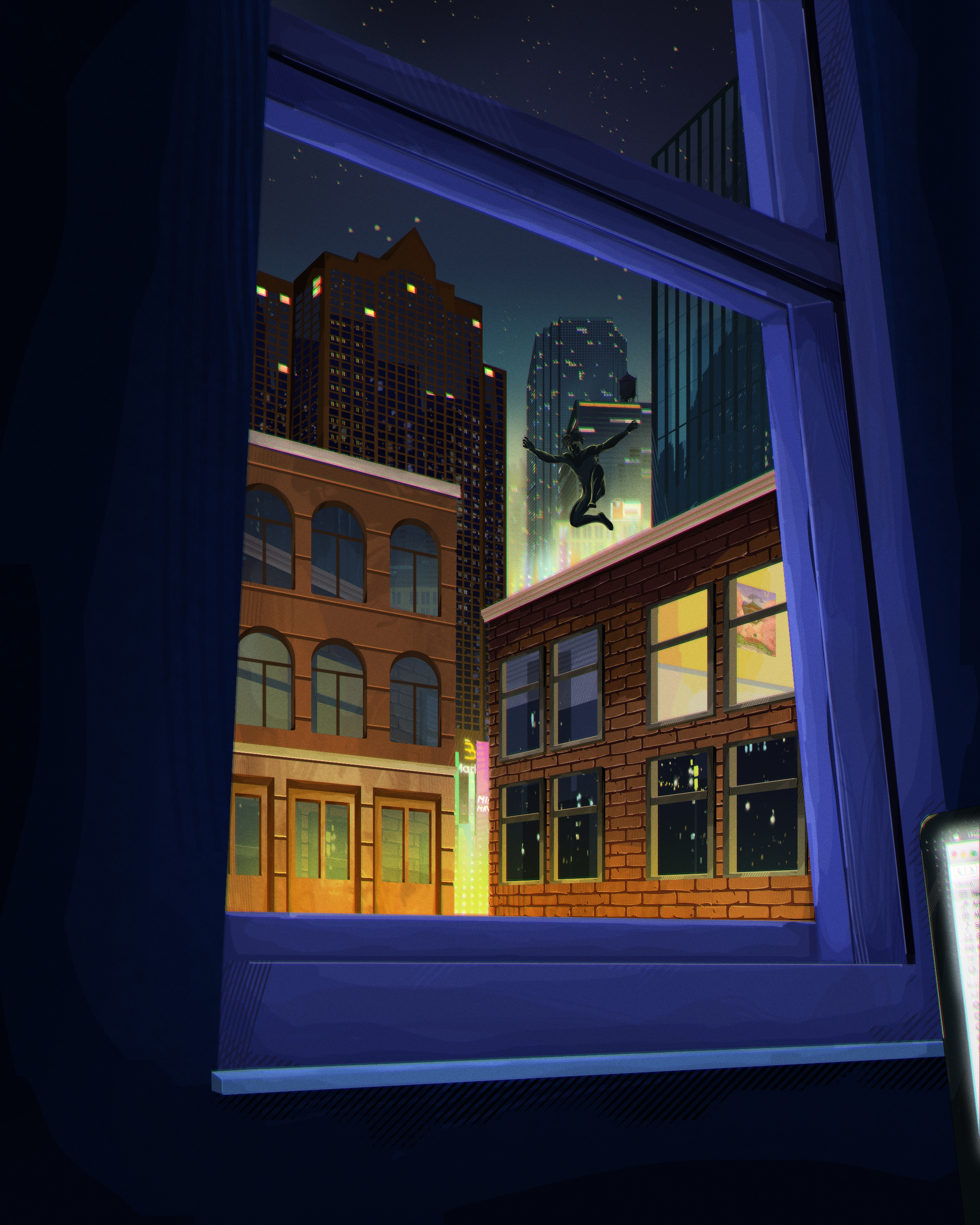 "What Is That?!" art direction cinematic city cityscape concept art design digital painting graphic design halftone hero illustration mood movie night life nighttime parkour photoshop sequence skyline storyboard