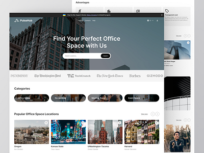 PulseHub - Main page for Company Rental Office Space airbnb app black white booking design landing landing page main page meet minimal office office space rental ui ux web website