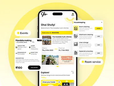 GLU by The Hosteller Services at your fingertips! app booking app branding casestudy design design teaser explore gluapp graphic design logo planning travel travel app ui uiux user experience ux webapp