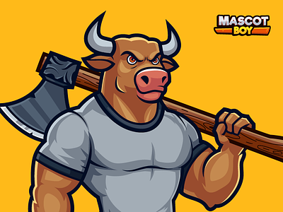 Bull Mascot character and logo Design animal logo anthropomorphic character brand identity branding bull cartoon bull character bull holding axe bull mascot character bull with axe cartoon character cartoon logo character design design drawing graphic design illustration logo mascot mascot character vector art