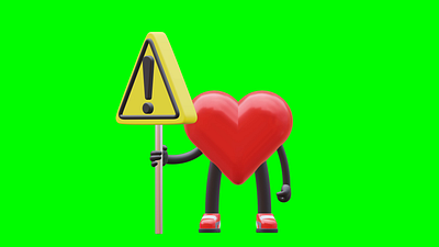 3D Love Mascot Character With Danger Sign Board 3d animation character danger graphic design love mascot motion graphics retro sign