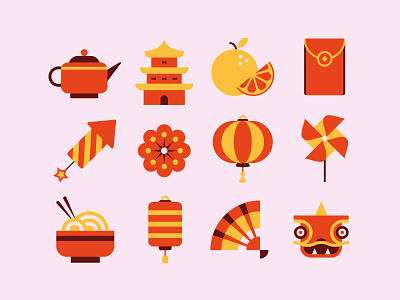 Chinese New Year icon set chinese design flat icon set icons illustration lanterns leo alexandre new year noodles red temple vector windmill