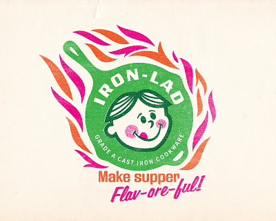 Iron Lad Cast Iron Cookware character cooking food green illustration logo mascot orange pink restaurant script type typography