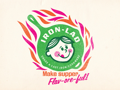 Iron Lad Cast Iron Cookware character cooking food green illustration logo mascot orange pink restaurant script type typography