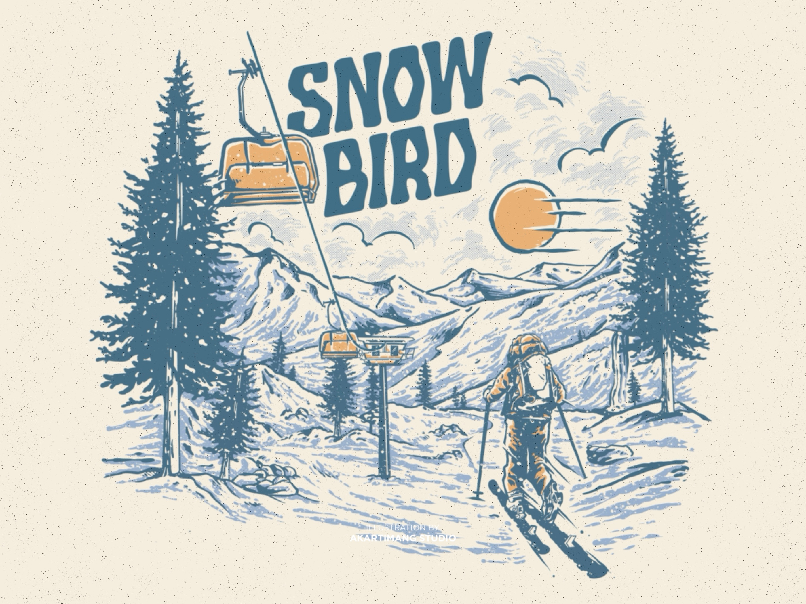 Snowbird Skier brand design destination digitalillustration distressed handdrawn illustration landscape mountaion ski resort skier snow snow mountain tshirt design vintage vintage design