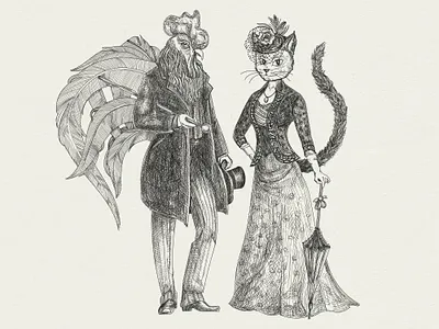 Cat & Rooster animal cat dress gentleman graphic design handdrown hat illustration ink lady logo rooster victorian vintage