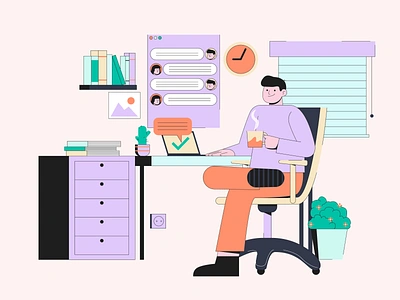 JusRemote, Remote Working Illustration board character coffee design flat freelance freelancer illustration inspiring job men outline remote remote job time ui vector