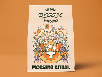 Bloom Coffee Morning Ritual bicycle coffee coffee bag coffee illustration digital illustration egg flowers graphic design inkygoodness livelyscout morning packaging retro vibes sunshine toast
