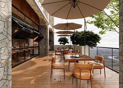 3D commercial renderings of Mid-century modern style restaurant