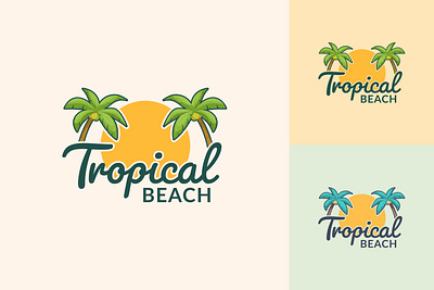 Tropical beach logo design bali beach beach logo branding design graphic design hawaii illustration island island logo logo palm paradise sunset template tree tropical vector