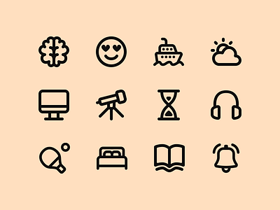 Gentle icons bed boat brain emoji figma icons headphones houglass icon iconography icons line icons monitor stroke icons telescope ui