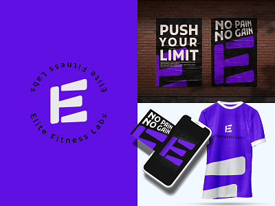 Elite Fitness Labs brand branding e elite fitness gym labs lettermark logo monogram purple sport visual identity