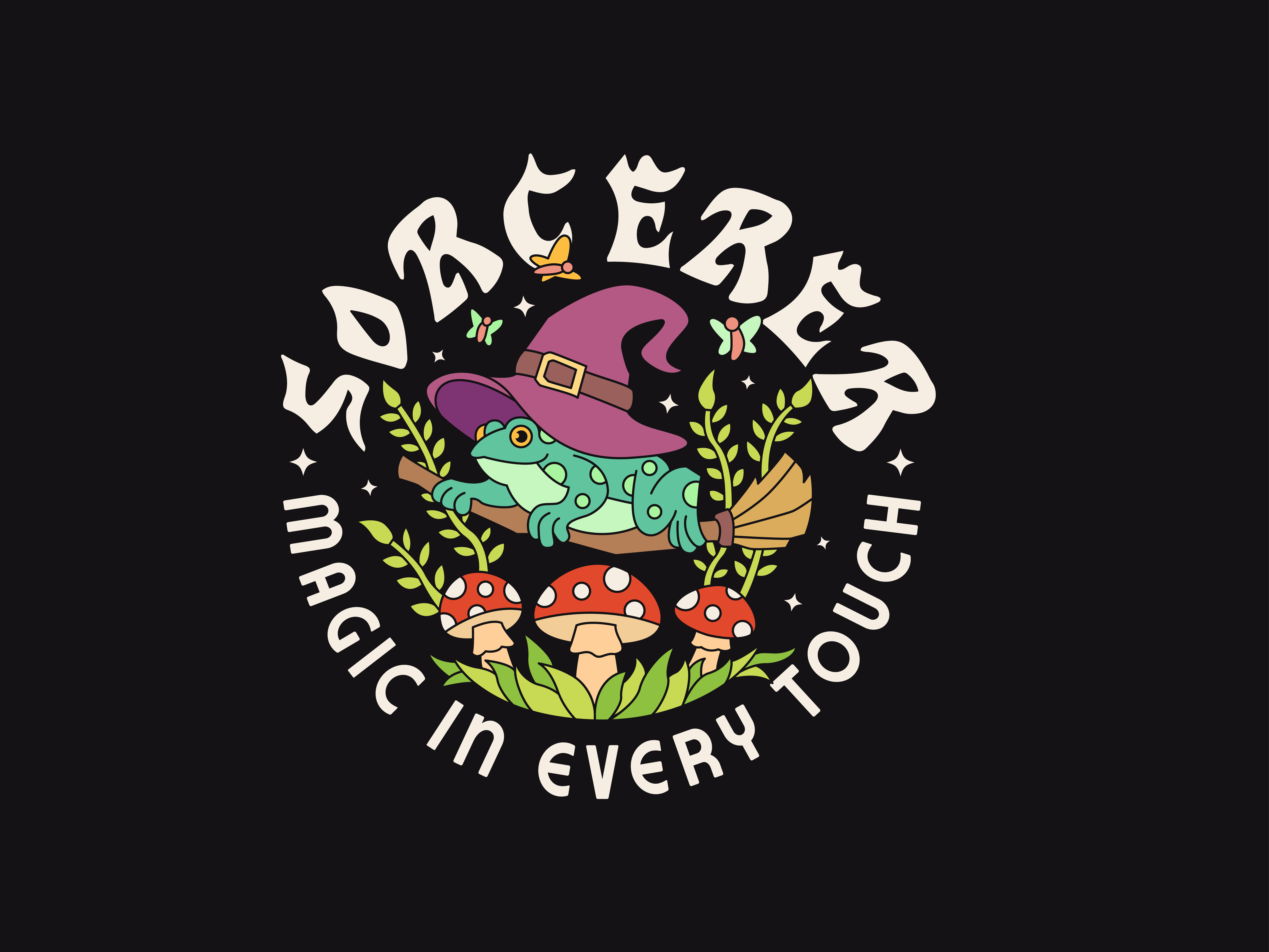 Sorcerer - Illustration apparel badge circle clothing clothing brand cute frog graphic design illustration magic merch merchandise merchandise design mushroom plant retro sorcerer t shirt vector