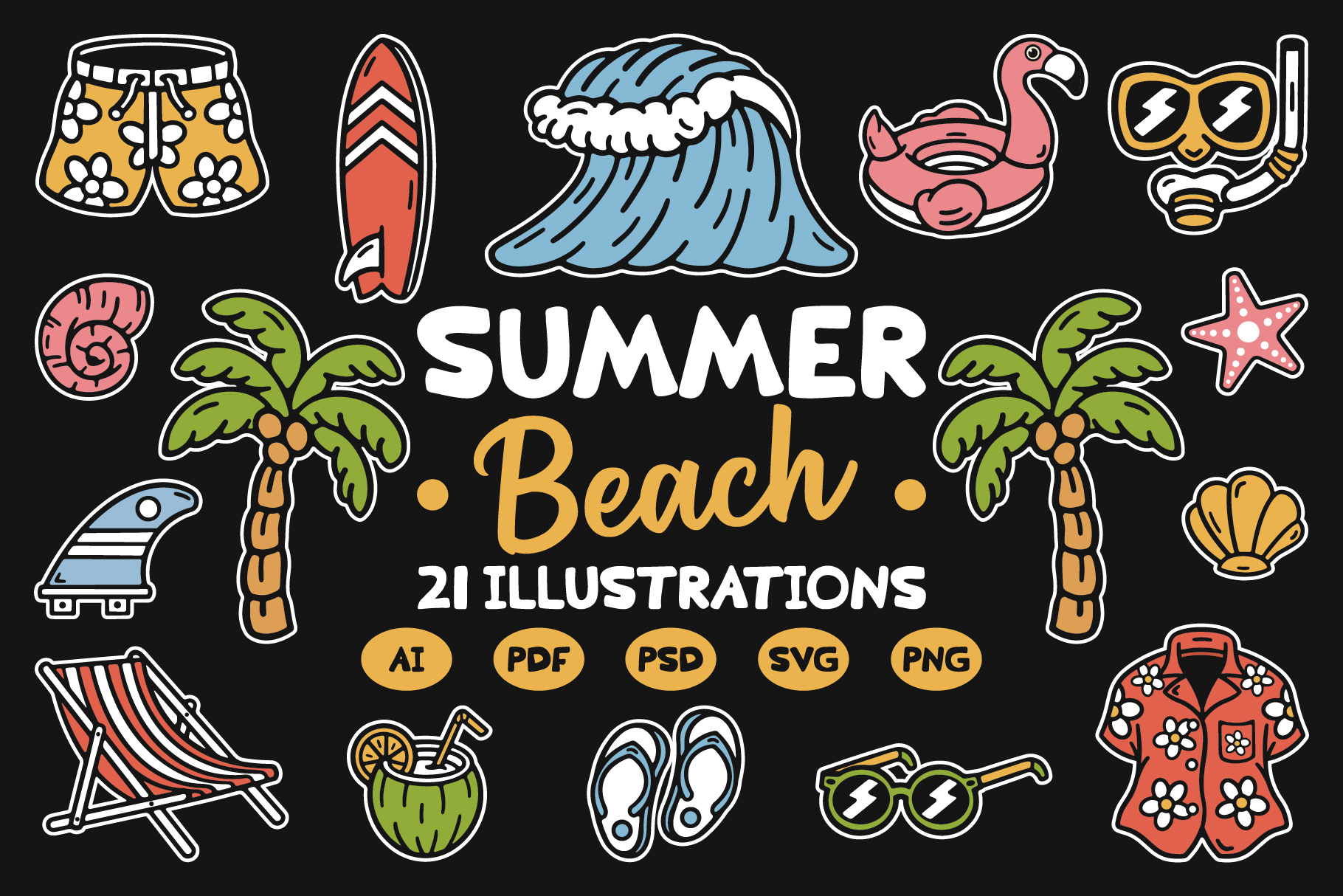 Summer Beach Illustration Cartoon availabledesign beach design designforsale doodles icons illustration illustrations palm palm tree pattern stickers summer summer vibes surf surfboard surfing templates vintage design wave illustration