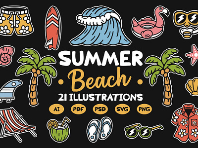 Summer Beach Illustration Cartoon availabledesign beach design designforsale doodles icons illustration illustrations palm palm tree pattern stickers summer summer vibes surf surfboard surfing templates vintage design wave illustration