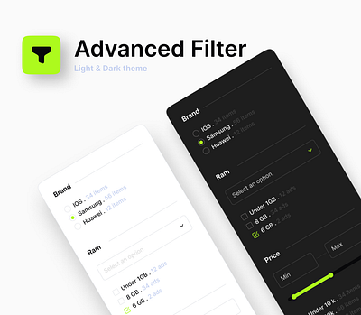 Advanced Filter : Light & Dark Mode advanced clean color dark design ecommerce filter green light minimalistic theme ui ux web