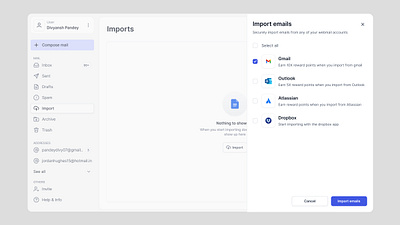 Import Emails - Side Panel buttons checkbox design email import product design saas saas design side panel ui ux