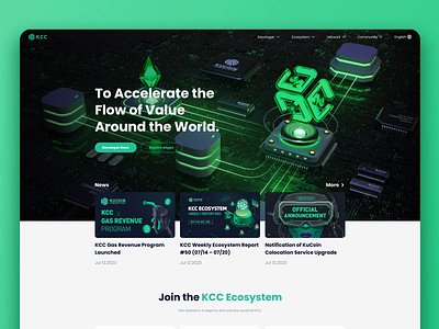 KCC Official Site 3d blockchain circuit ethereum green homepage kcc kucoin landingpage light web