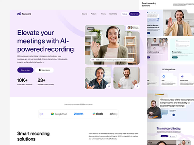 Metcord - AI Meeting Recording Landing Page ai ai website animation artificial intelligence components dipa inhouse framer landing page landingpage live meeting live record meeting online meeting saas site web web design webflow website website design