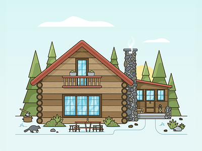 Log Cabin animal architecture bench cabin in the woods chimney door drawing forest home house illustration landscape log cabin pinecone raccoon vector wildlife window wood wood cabin