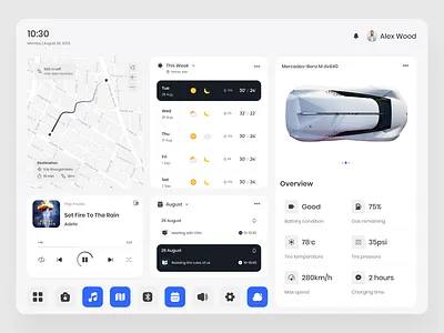 Car Dashboard calendar car clean dashboard dashboardui light manage map music overview team weather