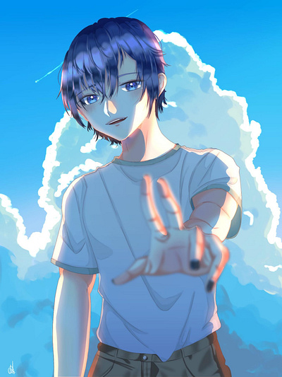 Kaito in the blue anime art artist blue characterdesign clouds design digital digitalart illustration kaito kaitovocaloid manga sky vocaloid