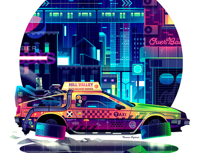 Back to hill valley anime cinema city culture film frame futur illustration light movie neon pop poster retro