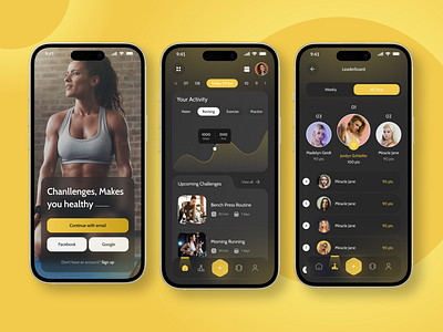 Fitness App Ui Design | Dark Mode chart design female fitness fitness app fitness app design fitness dark mode app fitness home screen design fitness progress design fitness splash screen graphs leaderboard leaderboard app ui design onboarding screen design