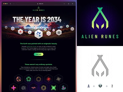 Alien Runes - Landing Page and Logo Design for NFT collection alien logo alien runes blockchain project dark ui digital art fantasy desgin futuristic design landing page logo concept nft branding nft collection nft landing page nft logo design runic logo ui design web design